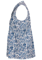 Side view of  100% cotton sleeveless top with decorative vertical pleats and mandarin buttoned collar