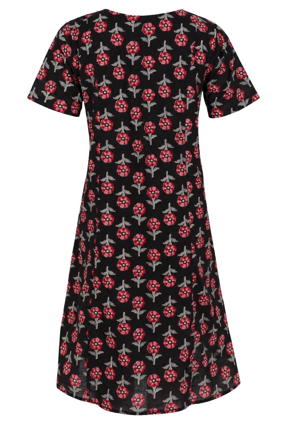 Back view of cotton dress with round neckline in black based floral print. 