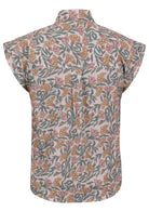 Back view of white based floral print cotton shirt with a structured collar.
