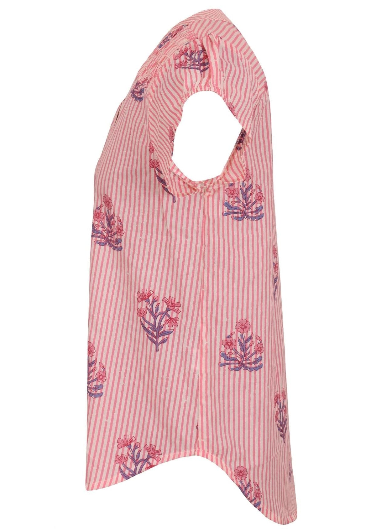 Pink striped floral print cotton top with cap sleeves.