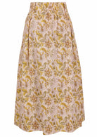 Floral printed knee length cotton skirt with belt loops and elastic at back of the waist