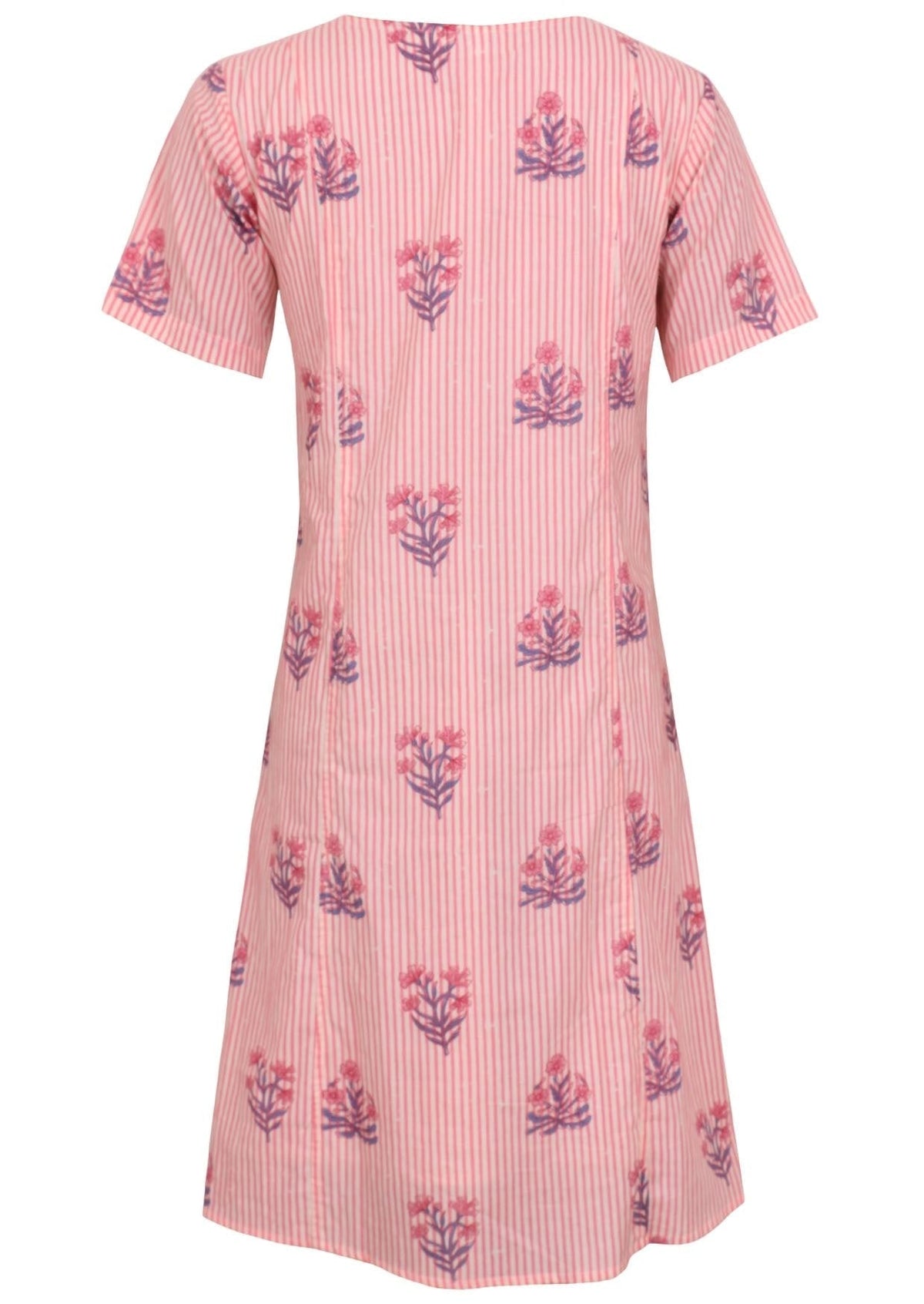 Back view of cotton dress with round neckline in pink striped white based floral print. 