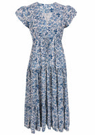 Blue and white floral print maxi dress with short sleeves, V-neck, and tiered skirt 