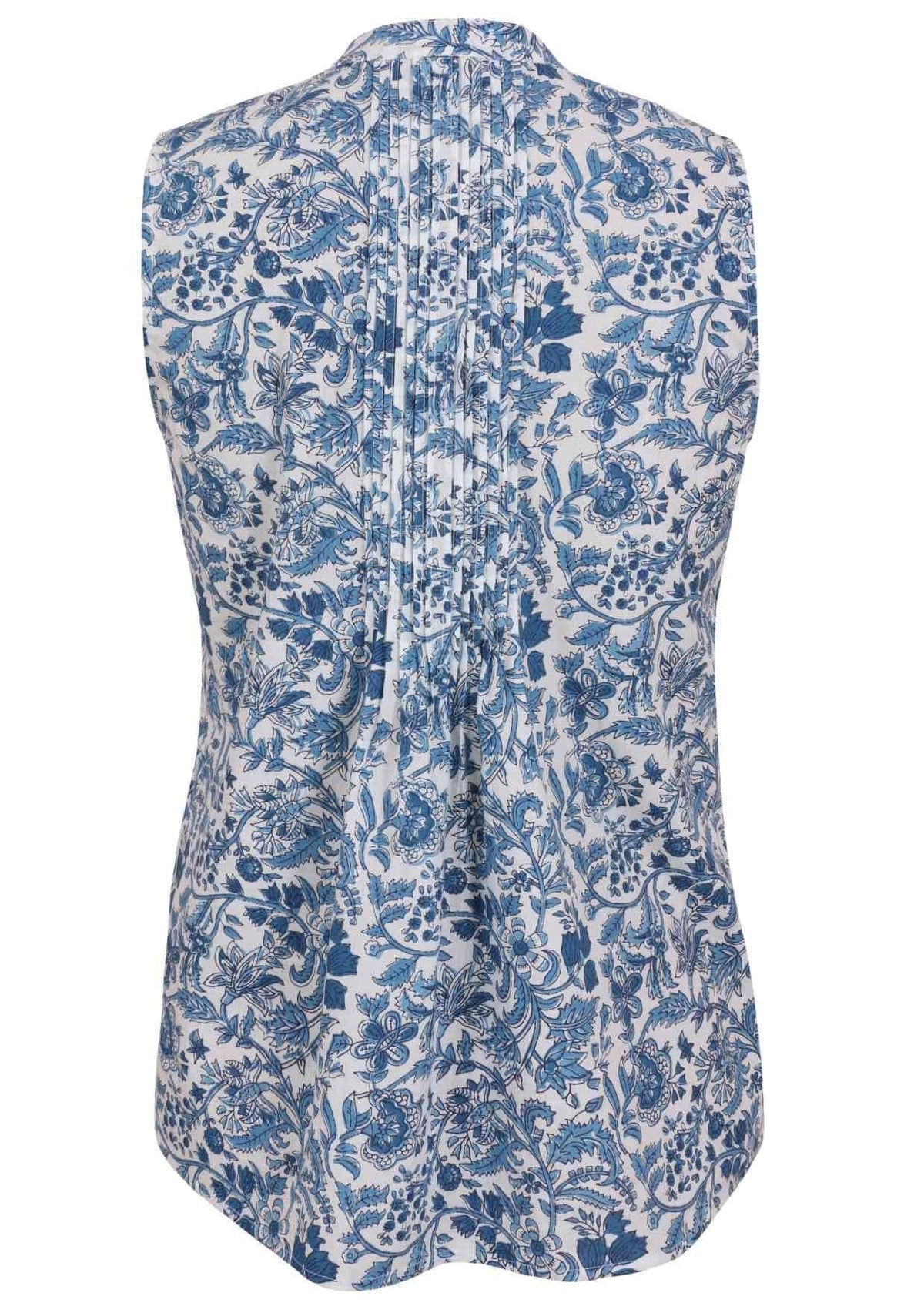 Back view of white based blue floral print sleeveless top with flared hem and vertical decorative pleats at the center of the back 