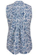 Back view of white based blue floral print sleeveless top with flared hem and vertical decorative pleats at the center of the back 