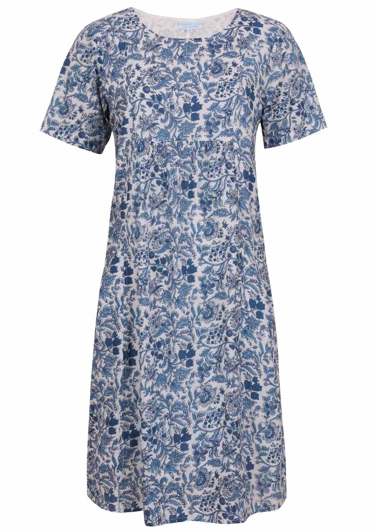 Front view of cotton dress with round neckline in white based blue floral print