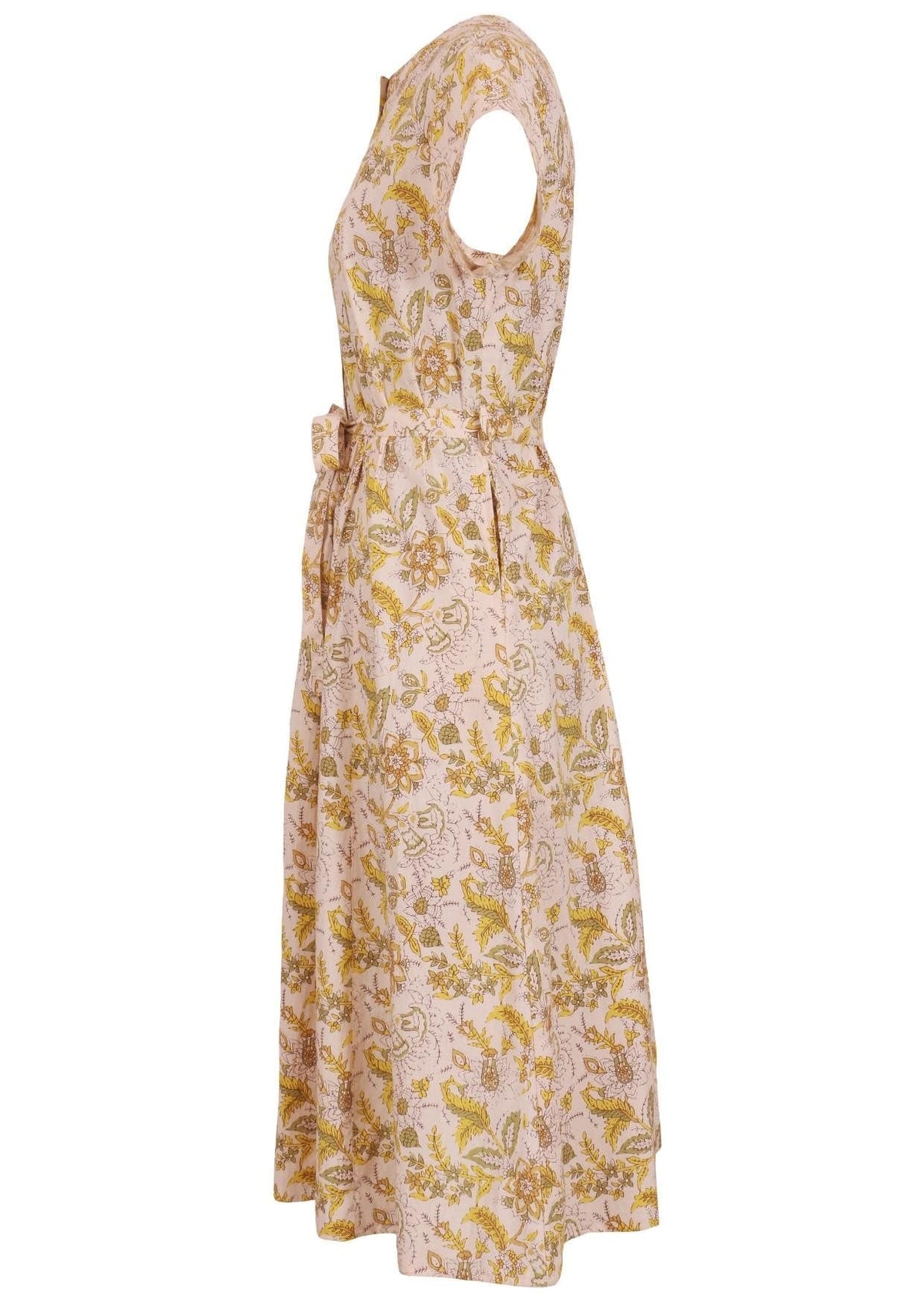 Side view of 50's style cotton button through midi length dress with a waist tie and hidden side pockets