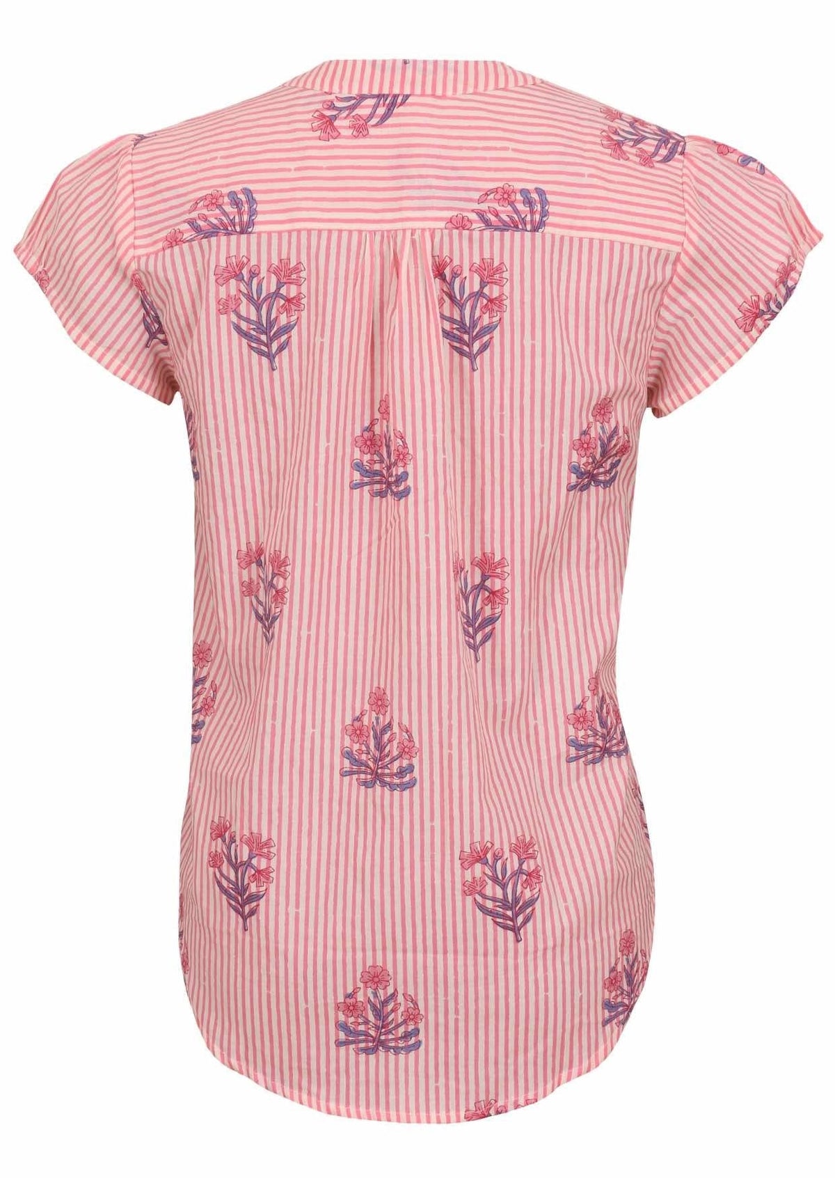Back view of Pink striped floral print 100% cotton top on a white background.