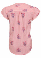 Back view of Pink striped floral print 100% cotton top on a white background.