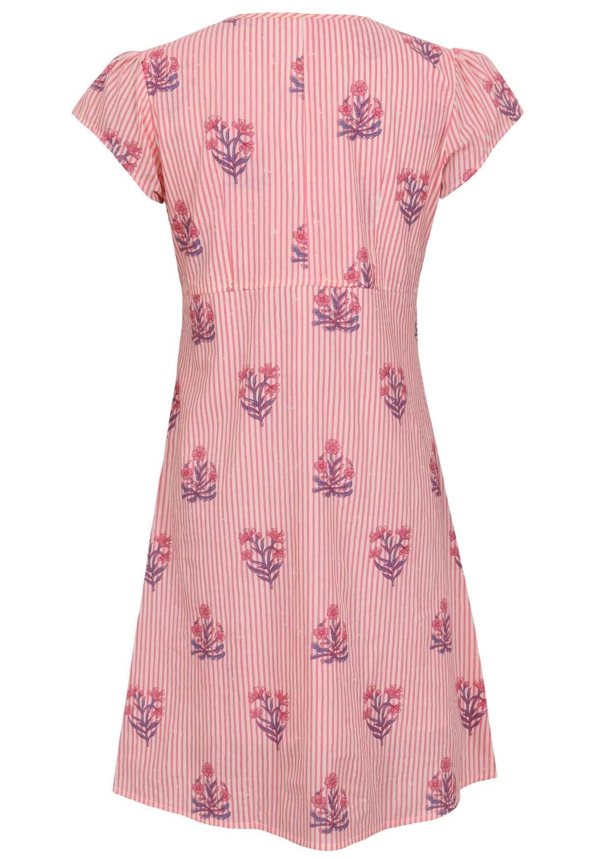 Back mannequin photo of cotton above knee dress in pink striped white based floral print. 