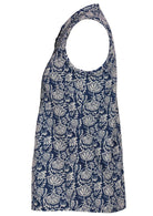 Side mannequin pic of blue sleeveless blouse with a floral print featuring vertical pleats on the front and centre of the back