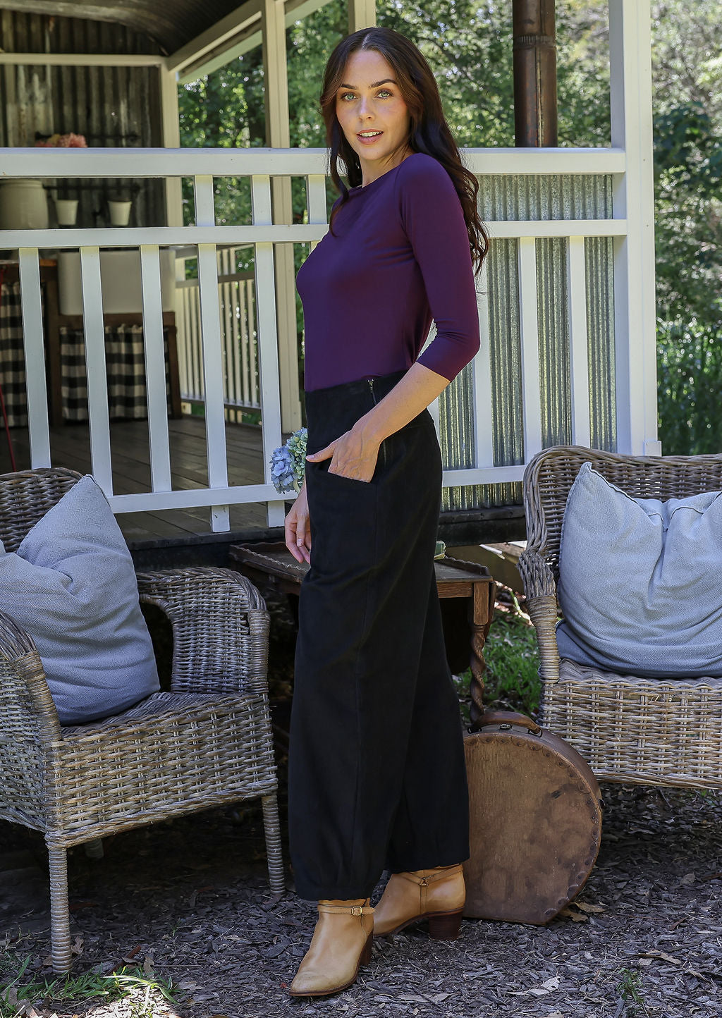 Nora Corduroy Pants Black | Cotton Corduroy Relaxed Fit Pants with