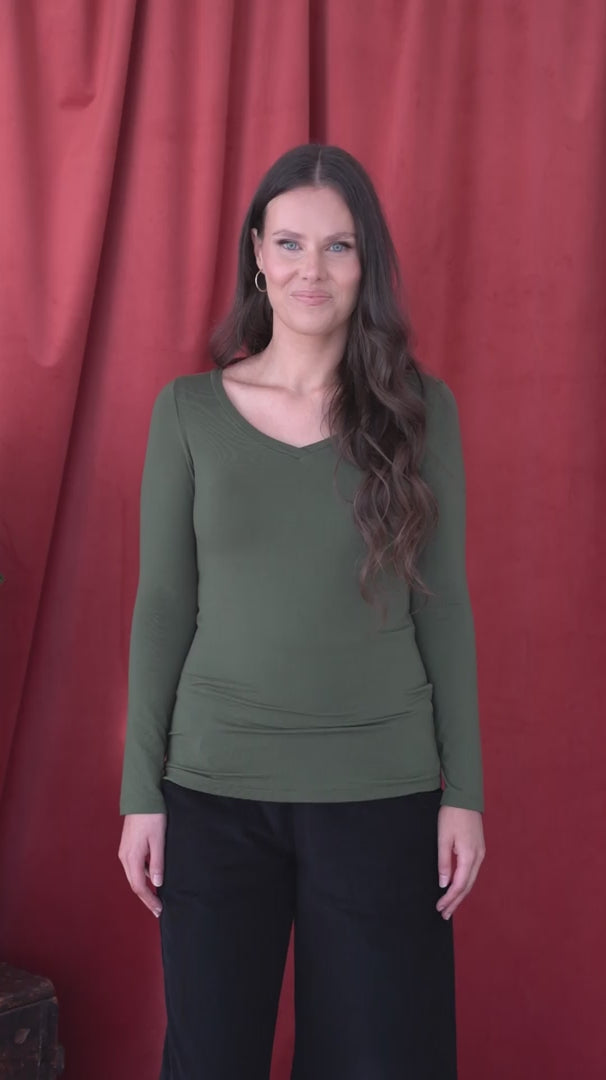 Long Sleeve Stretch V-neck Top Olive Green video