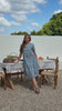 Videon of woman poses in a white based cotton blue floral short sleeve dress with round neckline