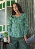 100% cotton long sleeve top with tiny pleated details and round neck.