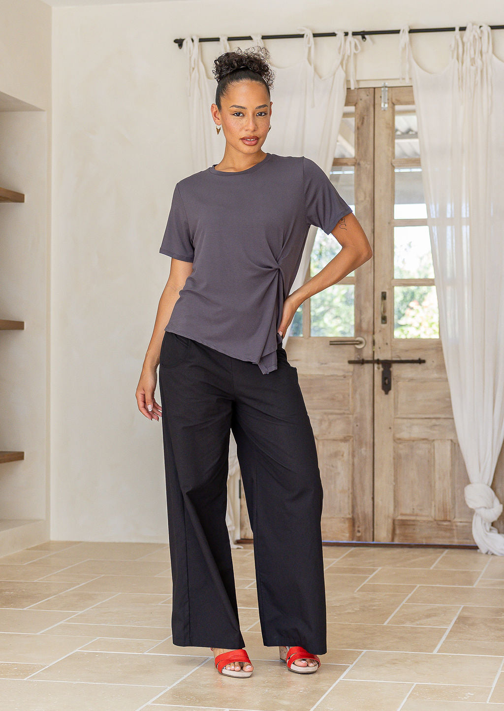 Dark grey women’s twist-front T-shirt, stretch rayon short-sleeve top with subtle draped knot