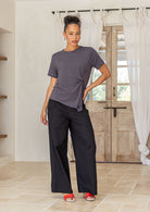 Dark grey women’s twist-front T-shirt, stretch rayon short-sleeve top with subtle draped knot