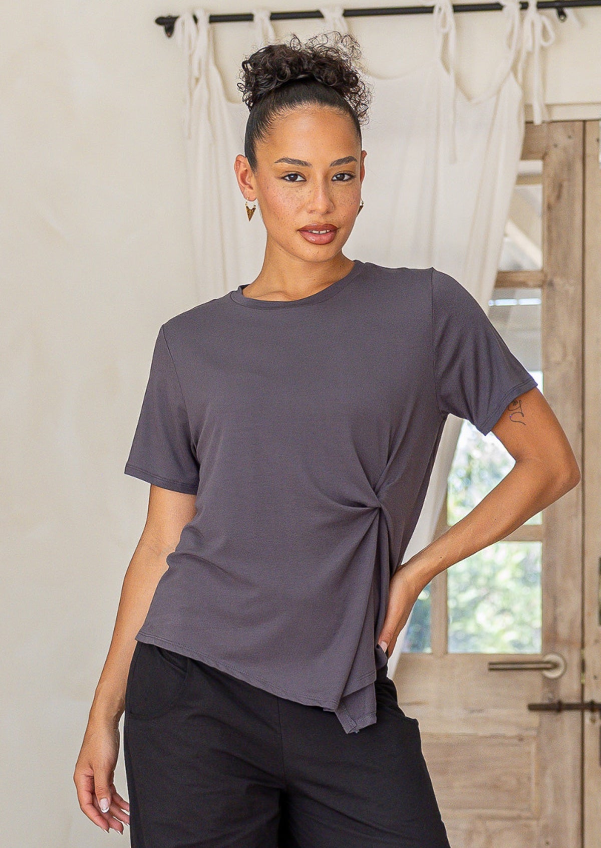 Dark grey women’s twist-front T-shirt, stretch rayon short-sleeve top with subtle draped knot