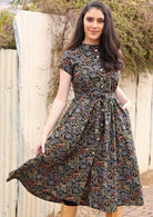 50's style cotton button through dress in gorgeous native botanical print on black base