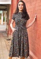 50's style cotton maxi button through dress in native floral print on black base