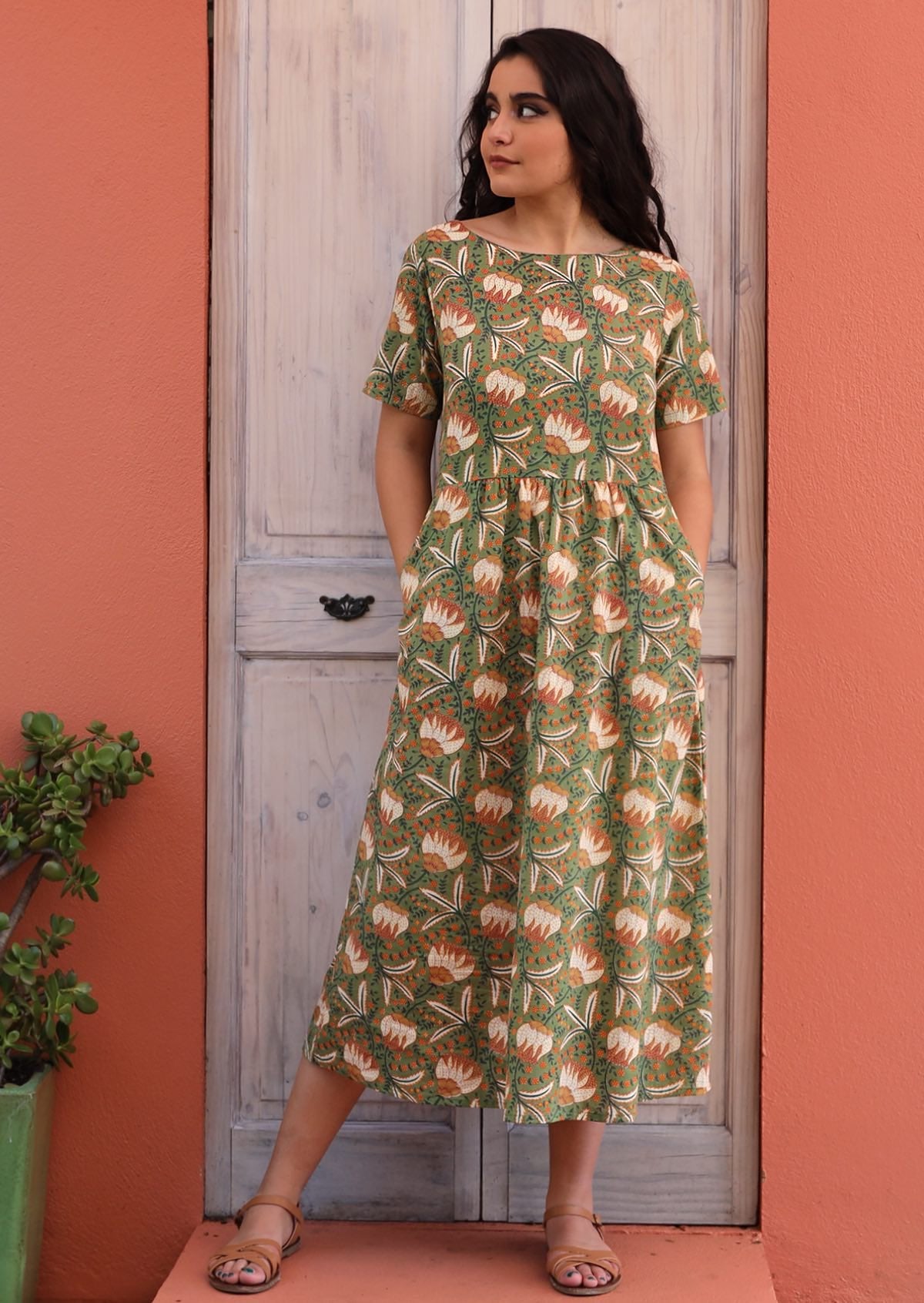 100% cotton midi length relaxed fit dress in gorgeous green based floral print