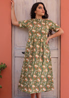 Gorgeous green floral print with yellow and orange highlights 100% cotton dress