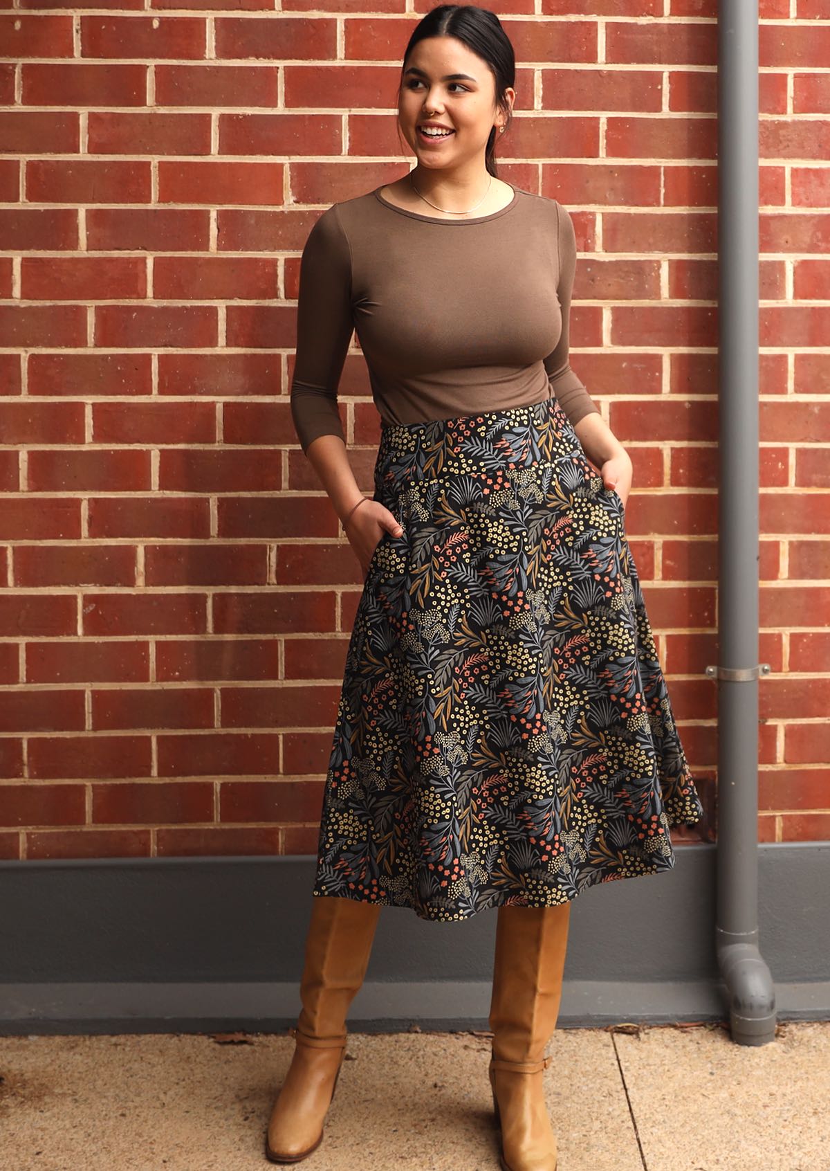 100% cotton skirt looks great with long sleeve top and boots for the cooler days