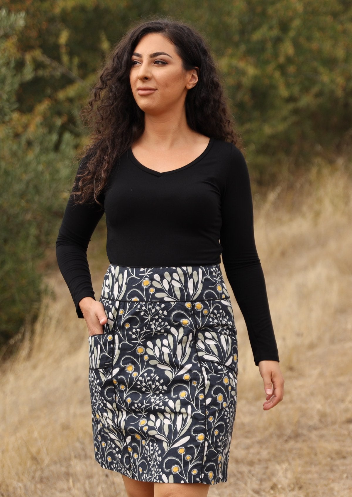 100% cotton above knee skirt with piped details and pockets in gorgeous wattle print