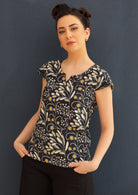 100% cotton top with cap sleeves and sweet keyhole cutout in neckline, made in the gorgeous wattle print