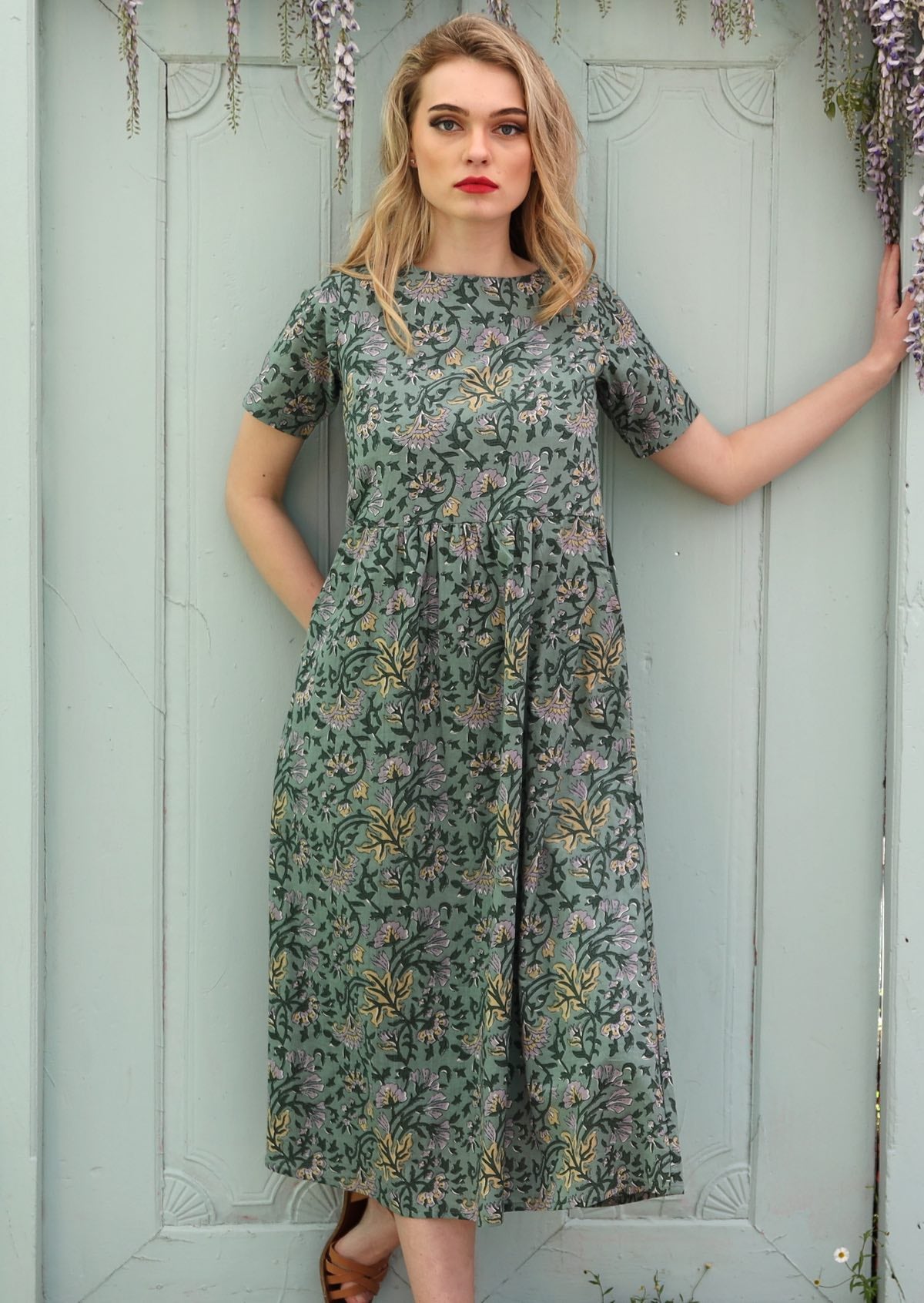 Green Sage and grey Floral Printed Cotton Dress | Karma East Australia Relaxed Fit Short Sleeve Midi Dress with Pockets