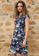 Modest V-neck Blue Floral Print Cotton Dress Cap Sleeve