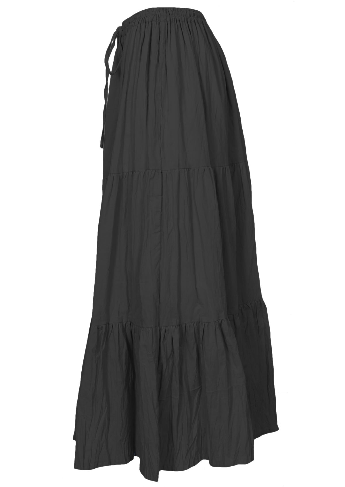 Side of cotton tiered maxi skirt in black with shoestring tie