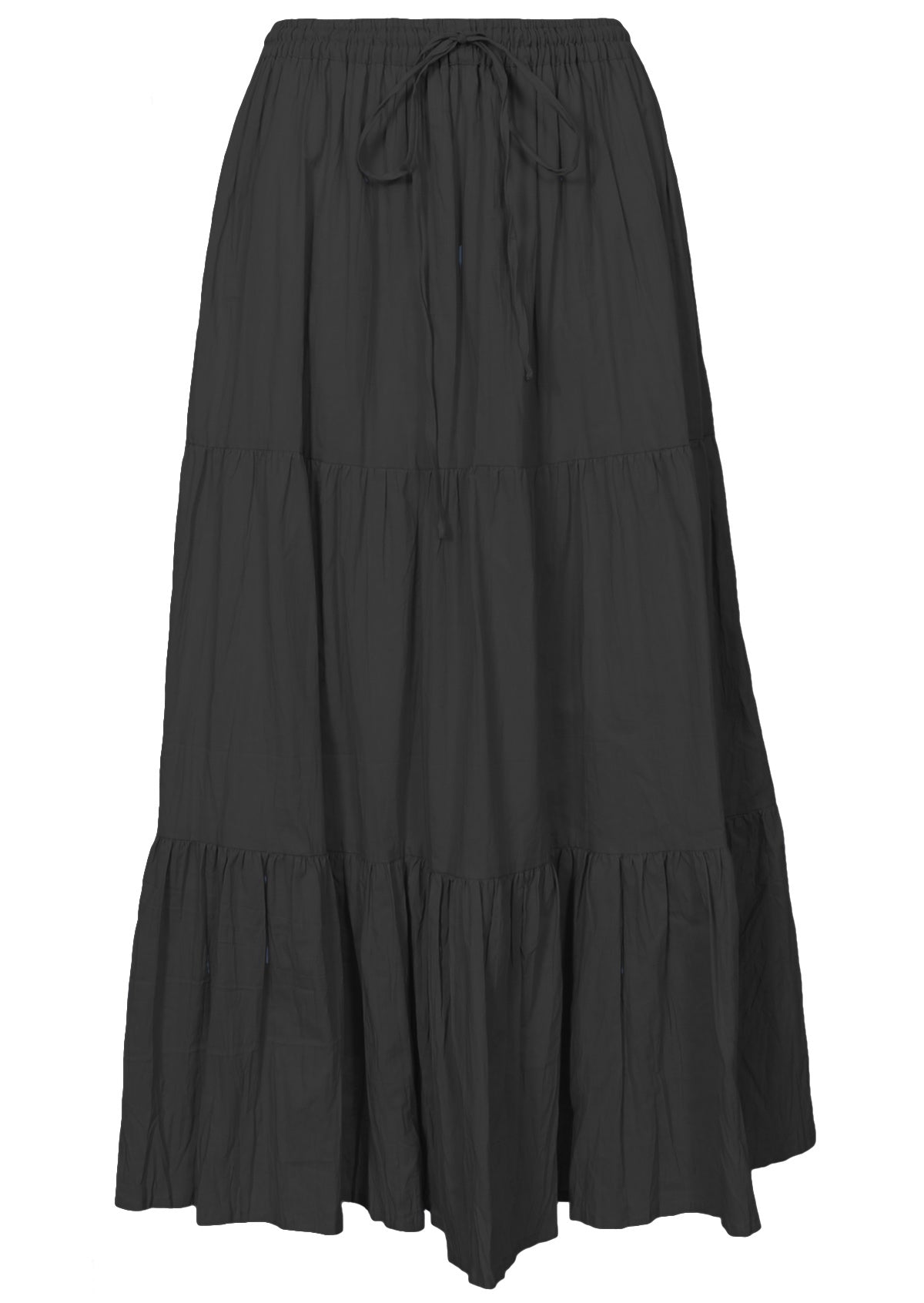 Front of cotton tiered maxi skirt in black with shoestring tie
