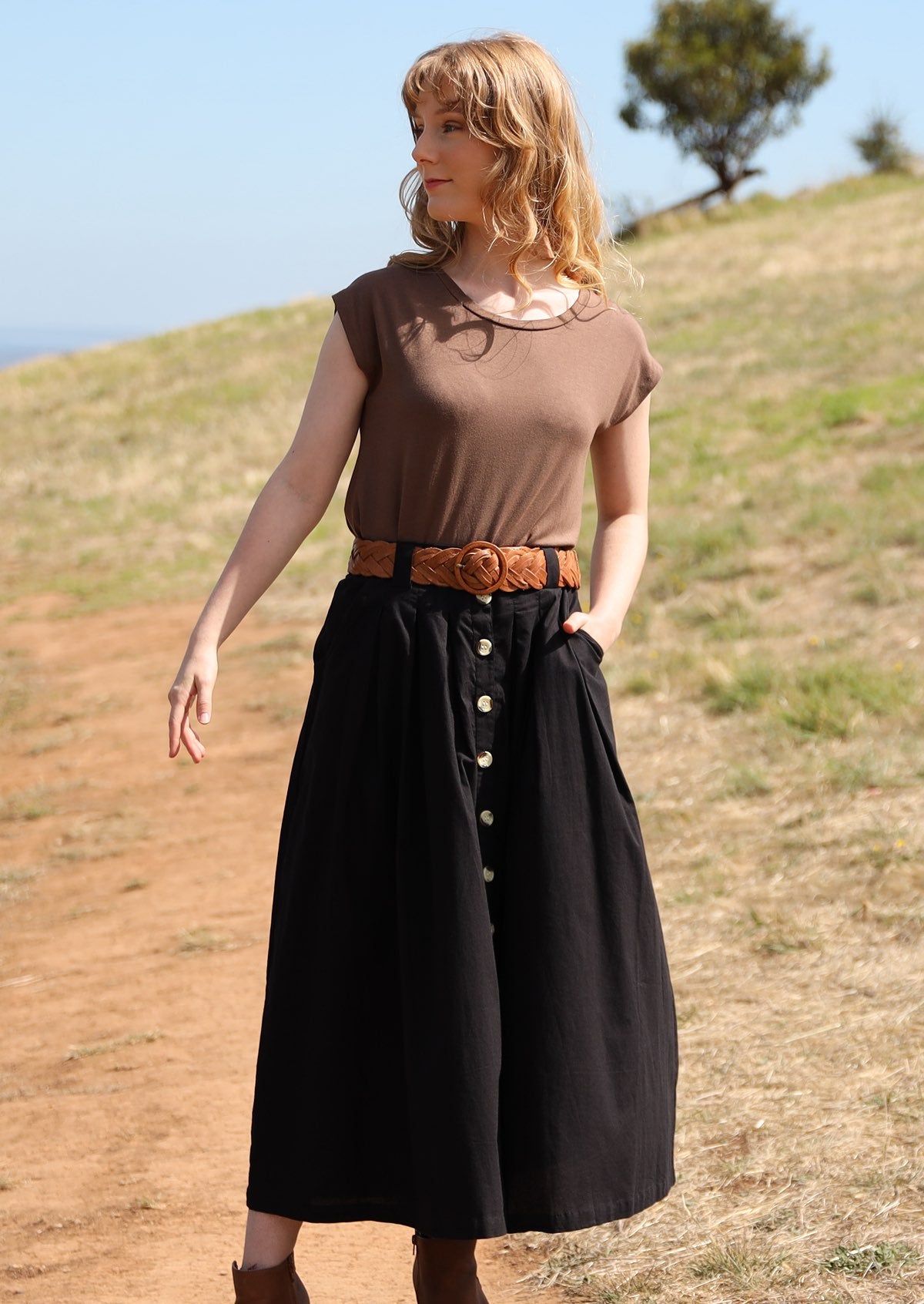 Button front clearance midi skirt black