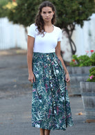 Cora aqua floral Verdure print skirt with pleats and belt loops