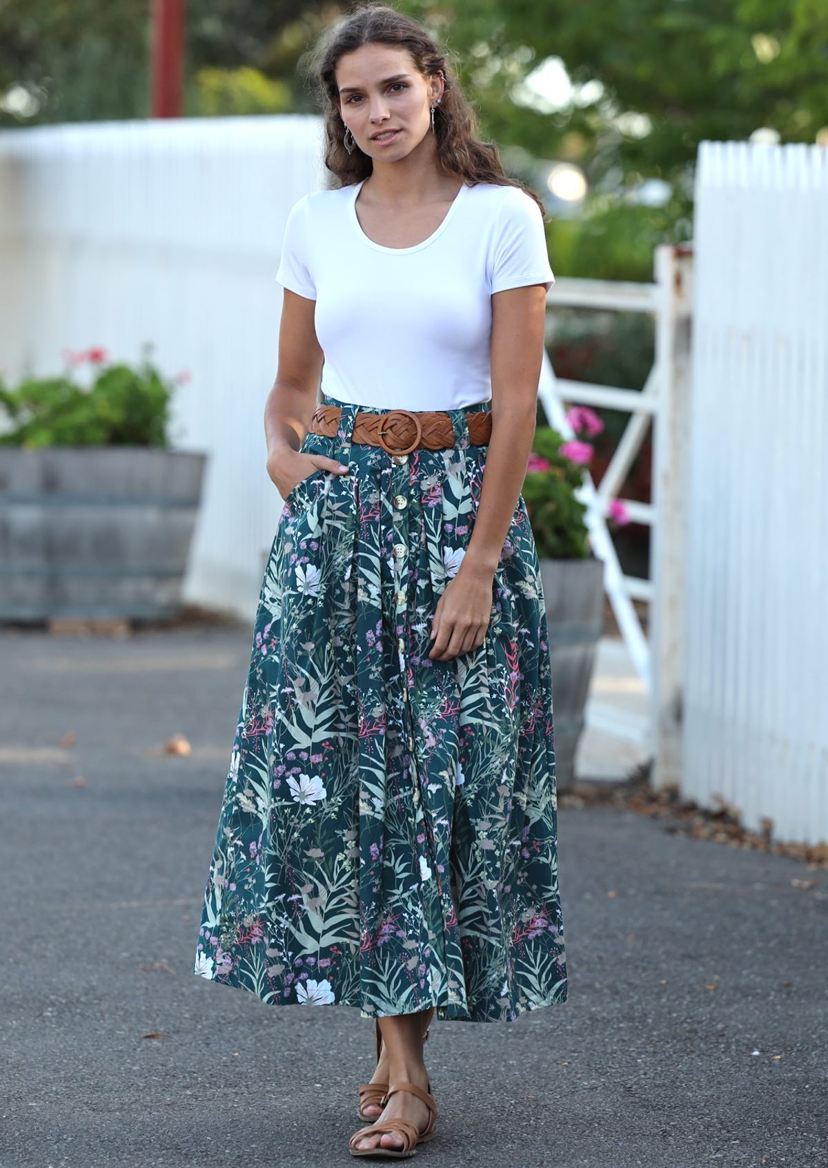 Cora Skirt Verdure aqua floral print mid length skirt with pockets