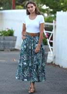 Cora Skirt Verdure aqua floral print mid length skirt with pockets