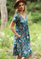 Short Sleeve Knee Length Womens Dresses Blue and Green Toned Floral print with Pink