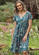 Etta Dress Floral Printed 100% Cotton Dress | Karma East Australia short sleeve v-neck fitted bodice empire wait-line pleated under bust a-line skirt with side pockets