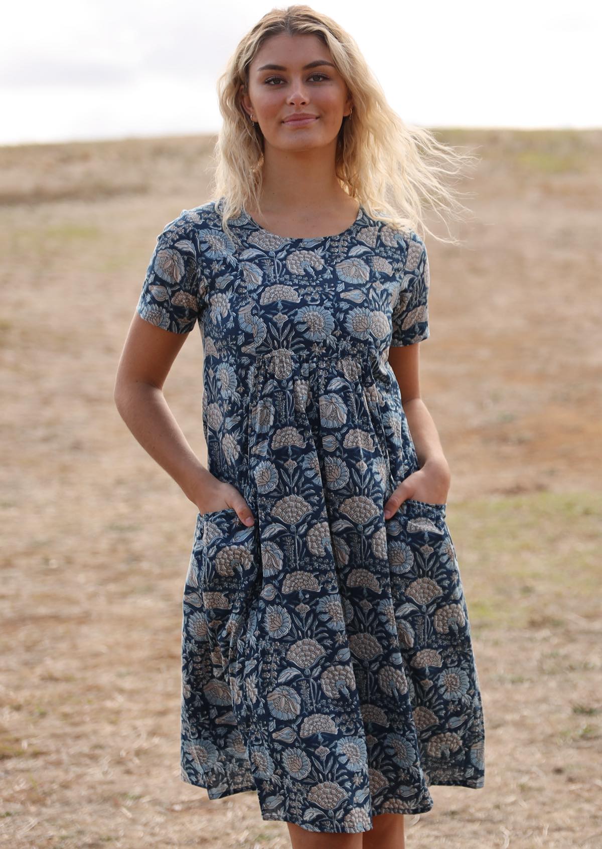 100% cotton sun dress with lining, short sleeves and pockets in gorgeous blue floral print