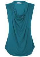 Front view of a cowl neck rayon teal cap sleeve top over white background.