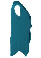 Side view of a women's cowl neck rayon teal cap sleeve top over white background.