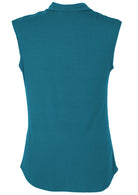 Back view of a women's cowl neck rayon teal cap sleeve top over white background.