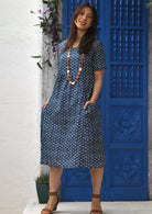 100% cotton blue with white flower print sun dress with pockets