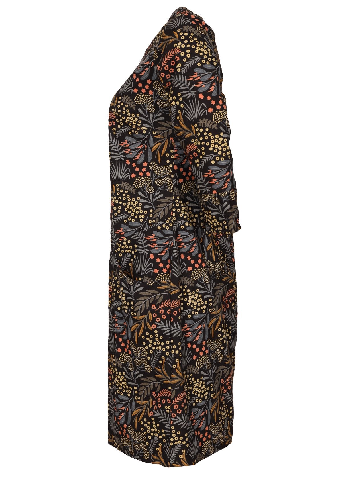 Native floral print in earthy tones on black base cotton dress