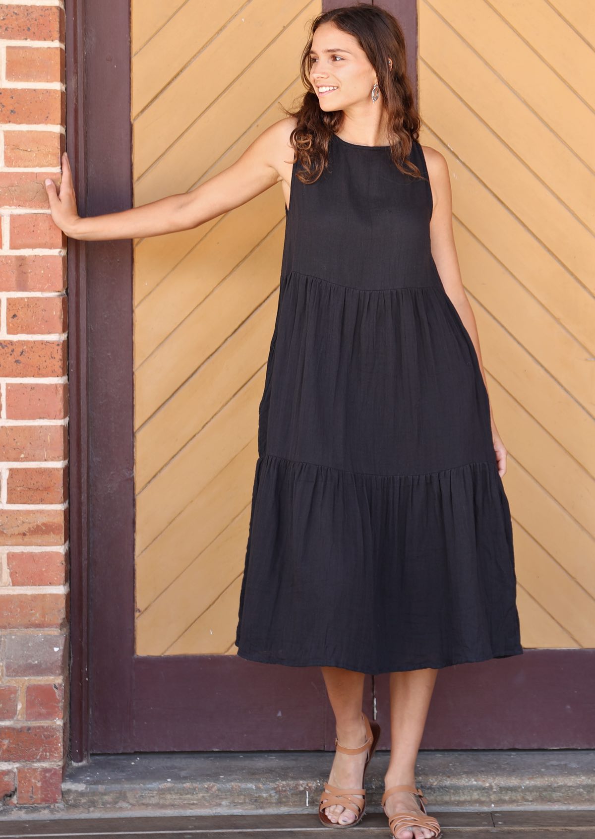 Three Tiered Cotton Dress Black Karma East Australia