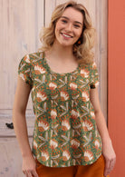 100% cotton cap sleeve top in gorgeous green floral print