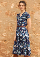 100% Cotton Blue Floral Womens Midi Length Dress