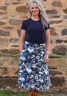 Zarah Skirt wide waistband below the knee length wide a-line cut side pockets side zipper 100% cotton with blue toned floral print | Karma East Australia