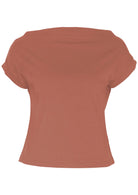 Front view of a women's wide neck mod dusty rose stretch rayon boat neck top